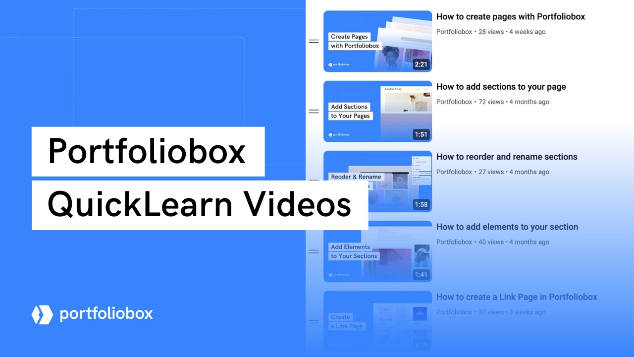 Portfoliobox QuickLearnシリーズへようこそ！これらの短くて簡単に理解できるチュートリアルは、ポートフォリオウェブサイトの設定とカスタマイズの基本をガイドします。