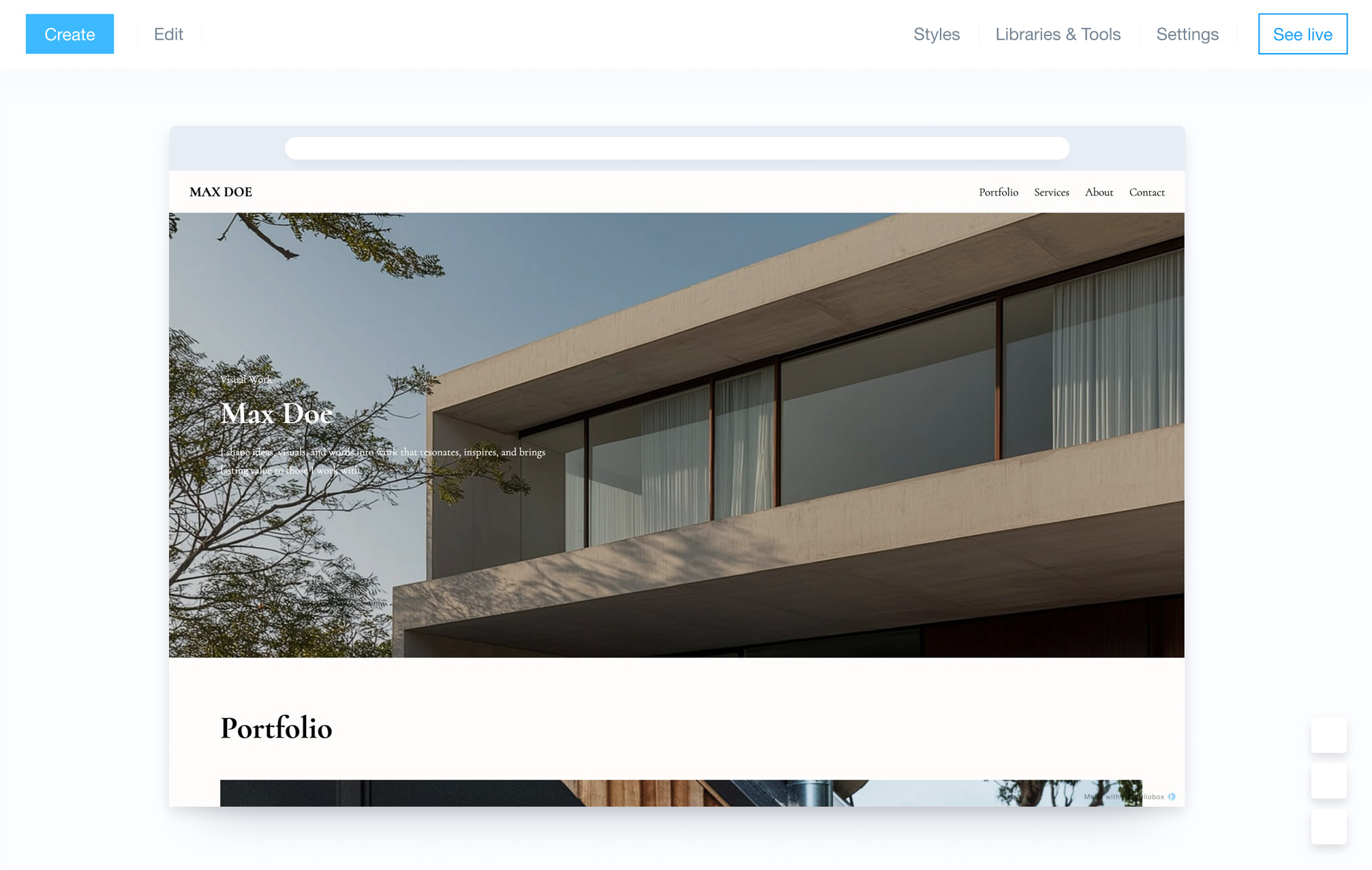 Adminpanel i Portfoliobox nettstedsbygger