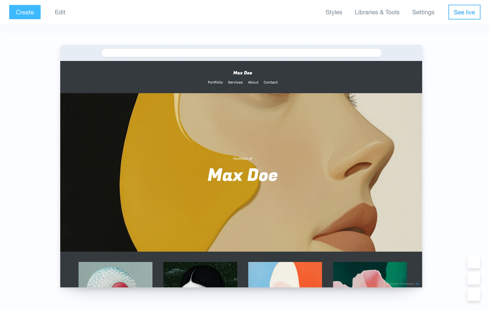 Adminpanel i Portfoliobox nettstedsbygger