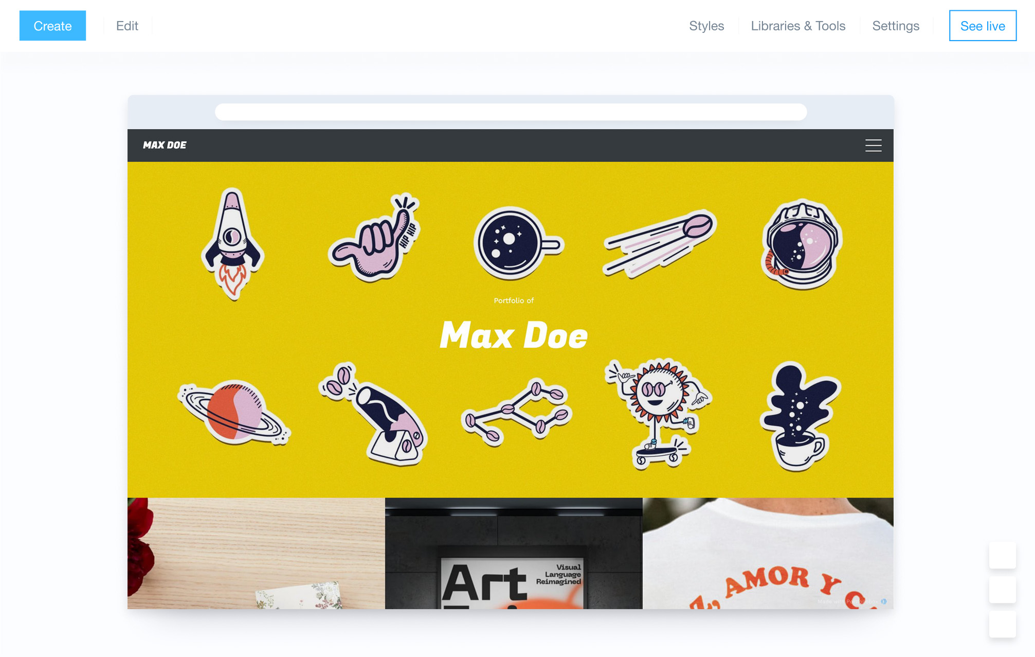 Adminpanel i Portfoliobox nettstedsbygger