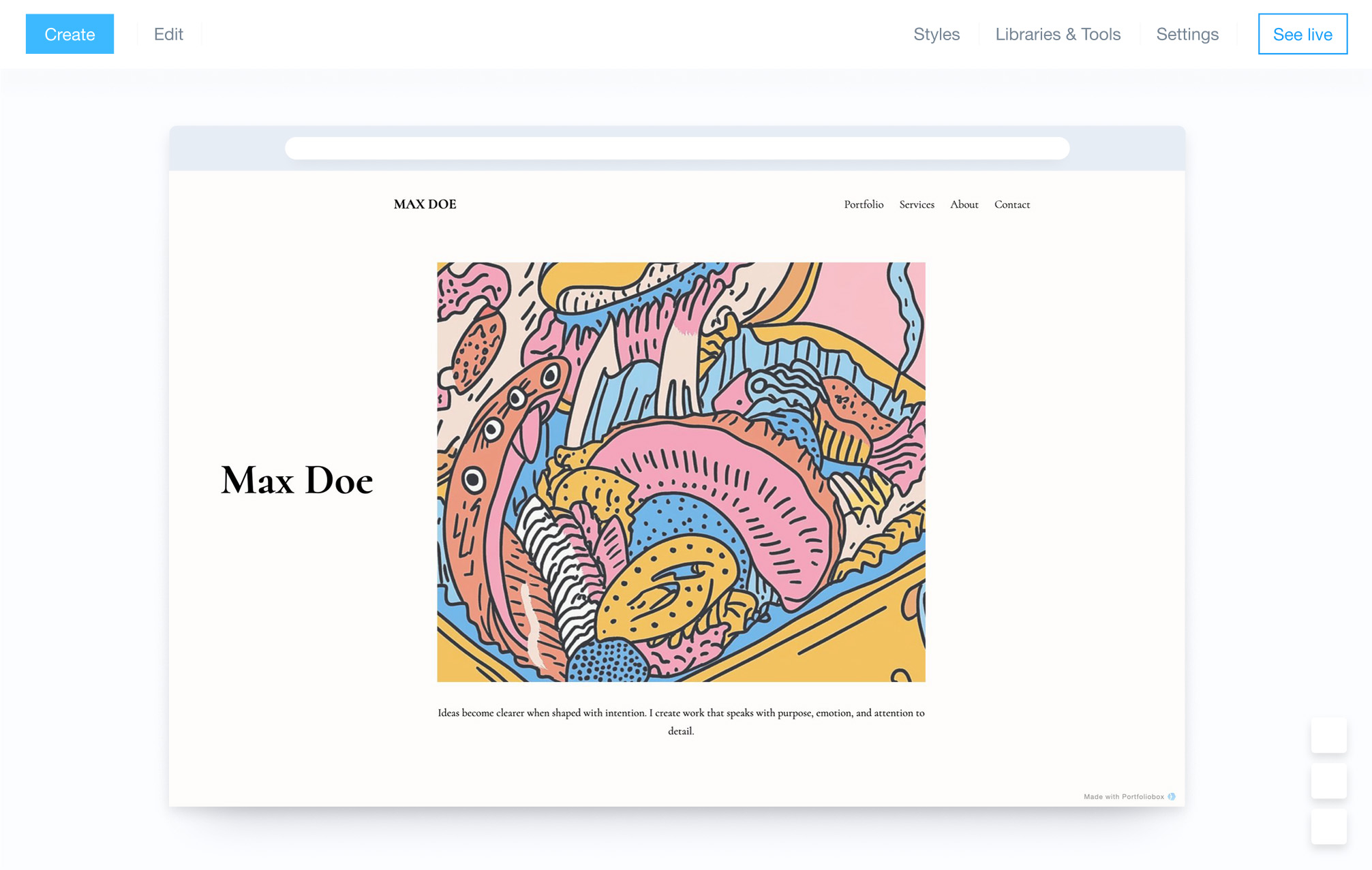 Adminpanel i Portfoliobox nettstedsbygger