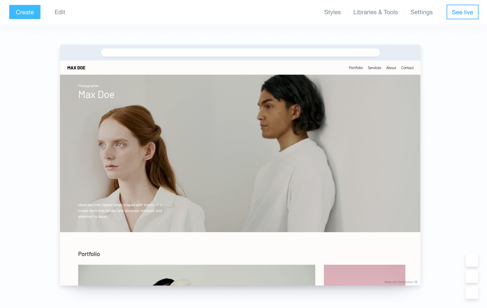 Adminpanel i Portfoliobox nettstedsbygger