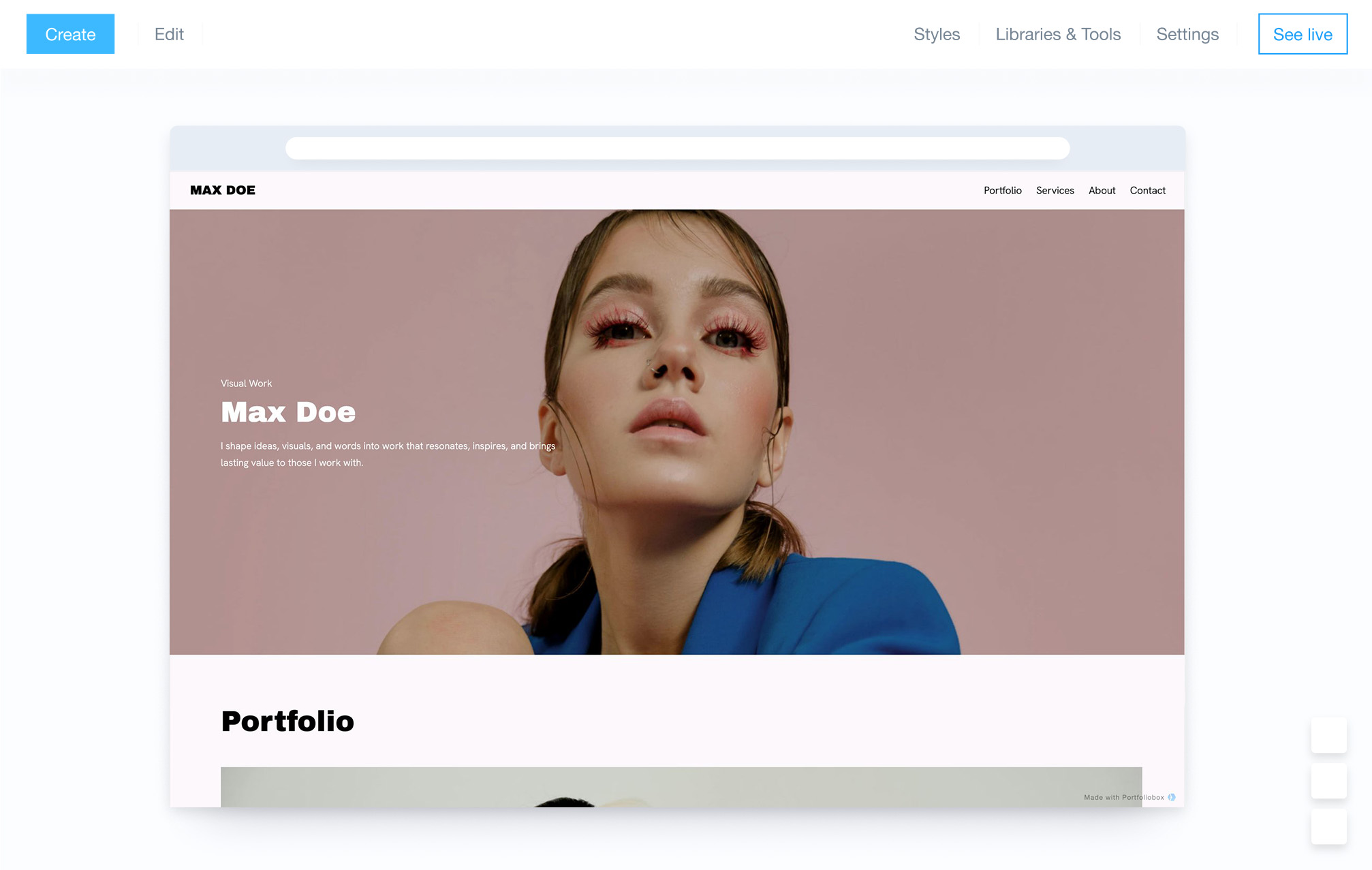 Adminpanel i Portfoliobox nettstedsbygger