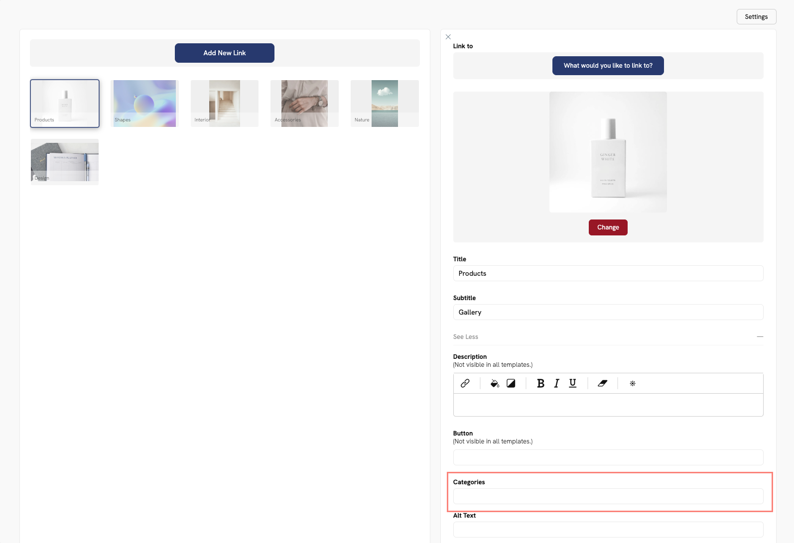 Apply categories to your Link Page in your portfolio website