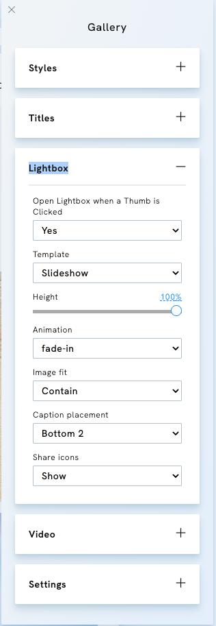 Gallery Lightbox settings in Portfoliobox