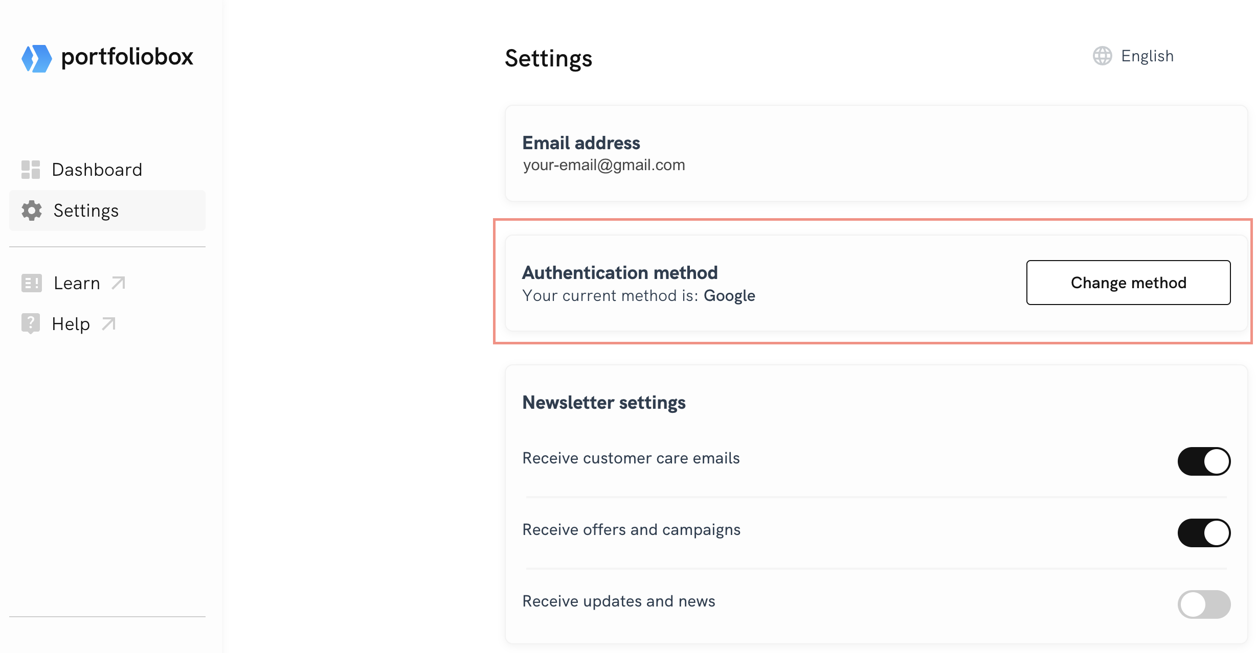 Google as an authentication method for your Portfoliobox account