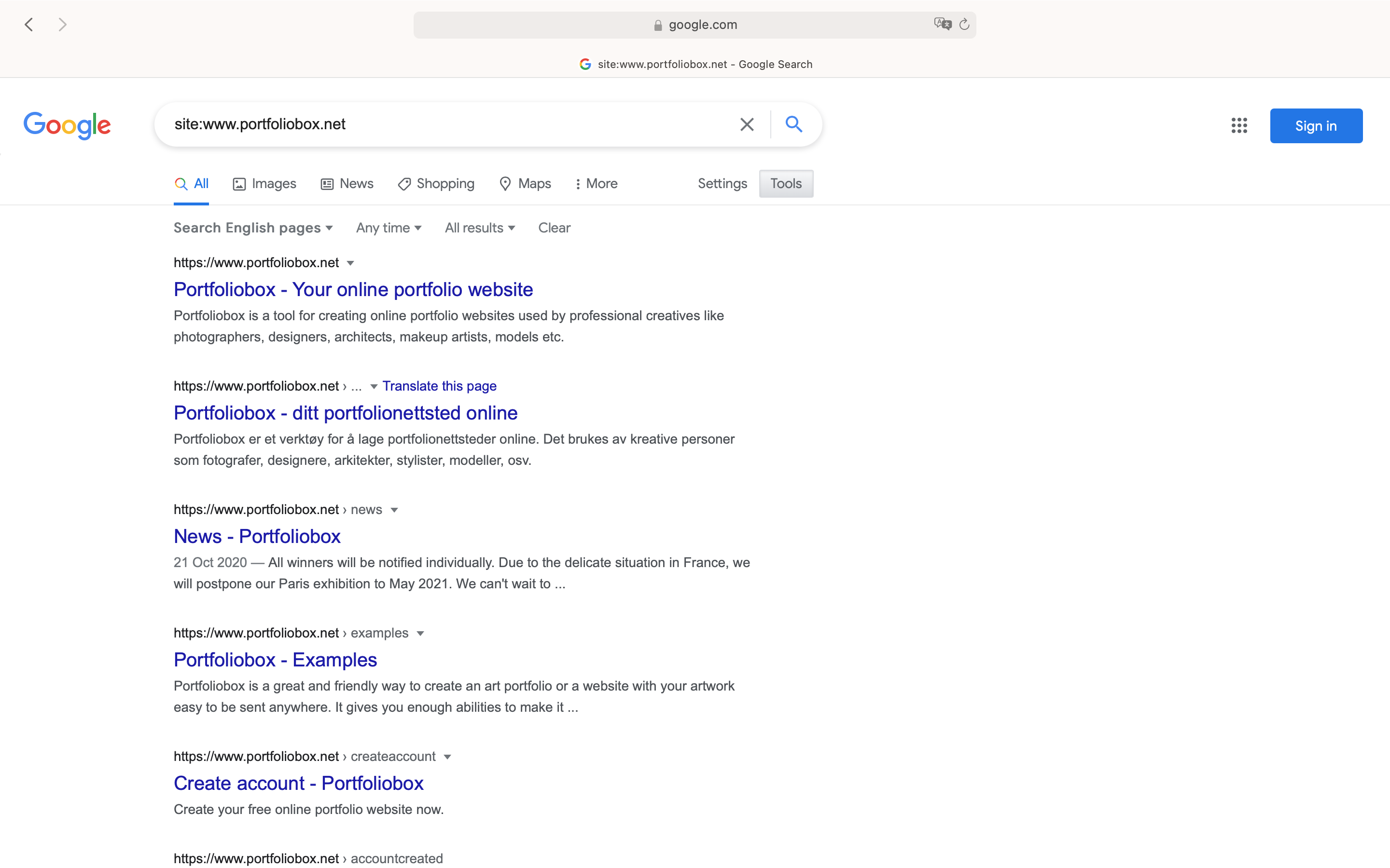 Verify if your Portfoliobox website is indexed by Google