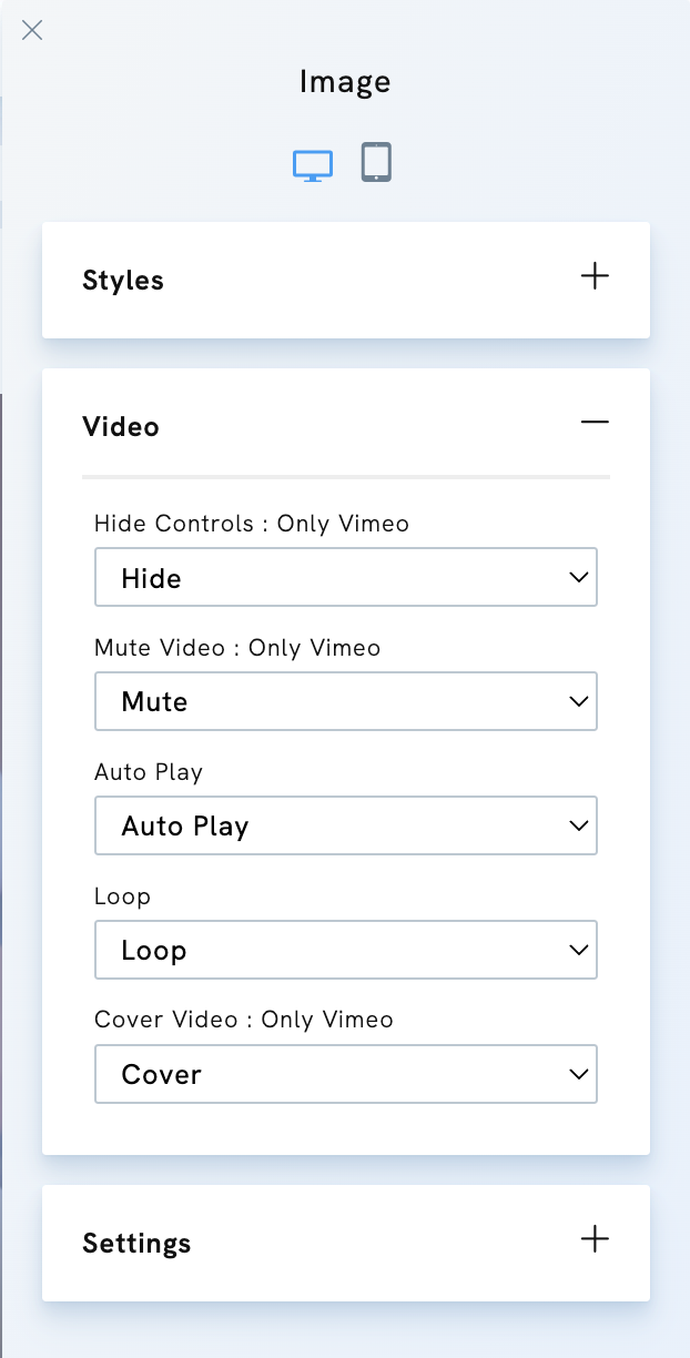 Video Settings for background video in Portfoliobox