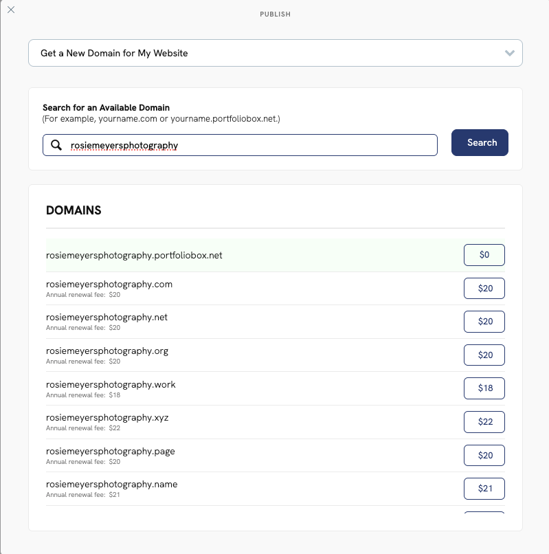 register a domain name with Portfoliobox 