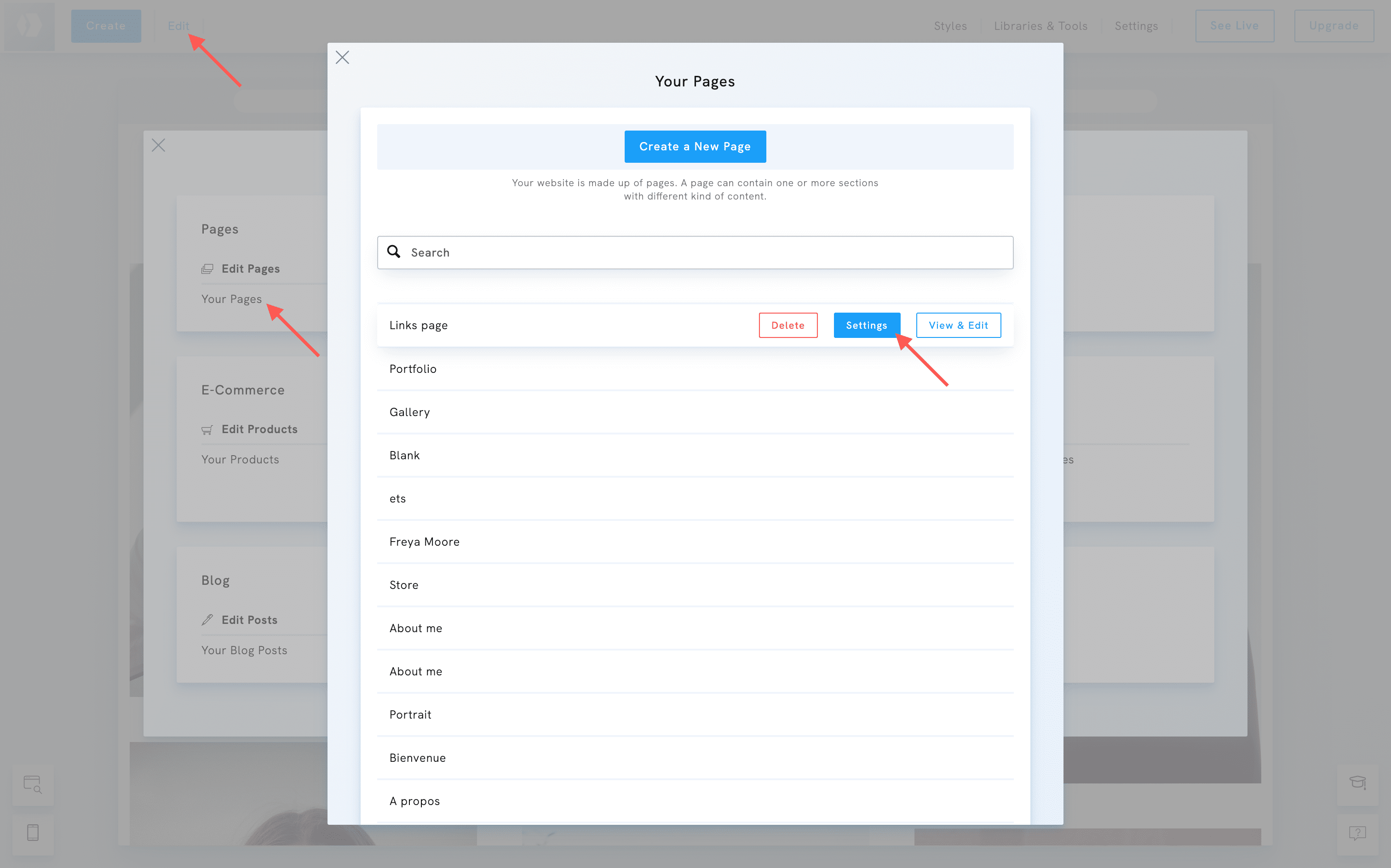 Page settings on Portfoliobox