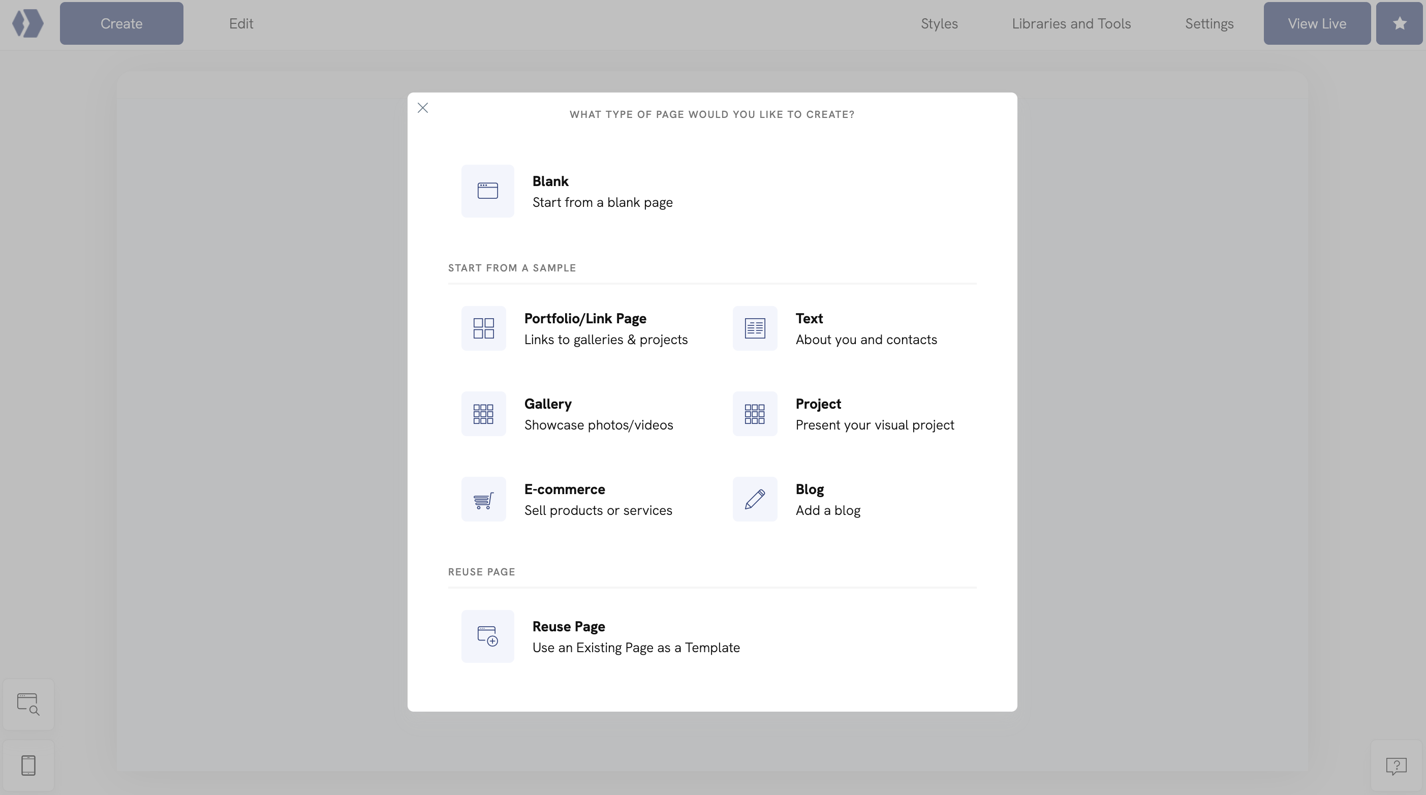 Create page in your photography portfolio